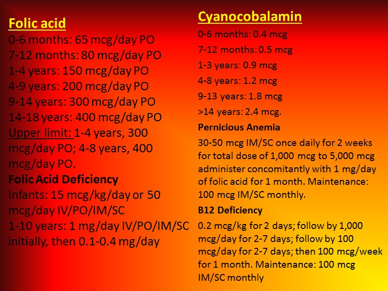 Folic acid 0-6 months: 65 mcg/day PO 7-12 months: 80 mcg/day PO 1-4 years: